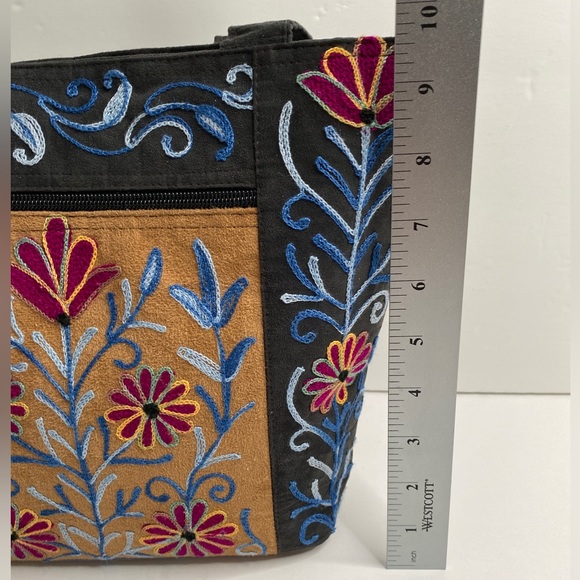 Black with Flower Embroidery Bag Tote Purse Suede Leather Purse - Picture 7 of 9